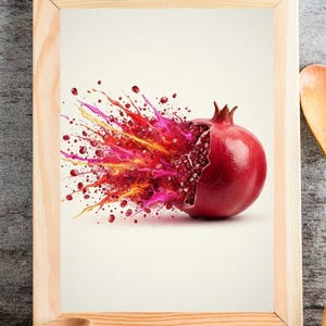 Może przedstawiać: Oprawiony wydruk przedstawiający ilustrację granatu eksplodującego z kolorową eksplozją czerwonych, różowych i żółtych odcieni. Grafika umieszczona na jasnym tle. Drewniane przybory kuchenne na pierwszym planie.
