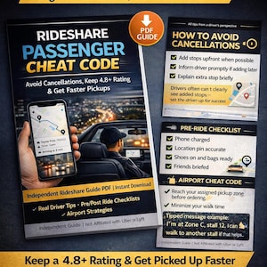 Può includere: Una guida PDF digitale intitolata "Rideshare Passenger Cheat Code" con suggerimenti per evitare cancellazioni e ottenere ritiri più rapidi. La guida include liste di controllo, strategie aeroportuali e consigli da veri autisti. La copertina presenta un telefono con un'app di mappe.