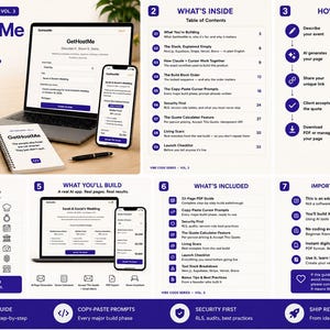 May include: A 33-page digital guide titled GetHostMe, featuring a laptop and smartphone displaying a web application interface. The guide includes a table of contents, a step-by-step workflow, a list of included features, and notes on building AI apps.