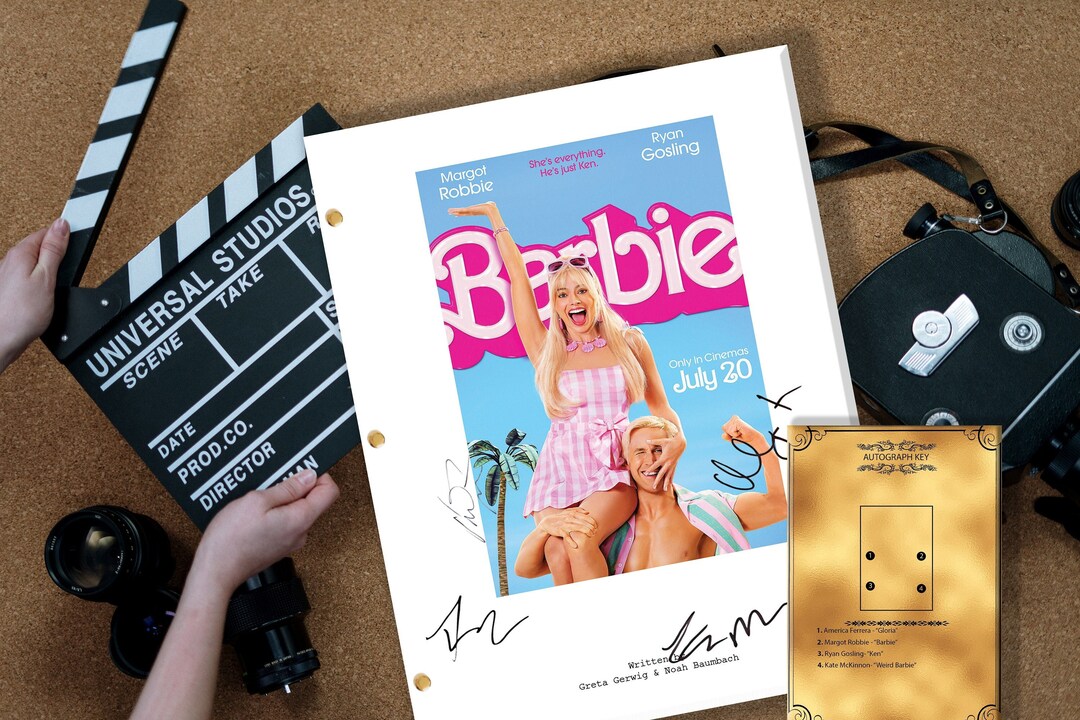 Barbie Movie Script Reproduction With Autographs by Margot Robbie, Ryan Gosling, America Ferrera