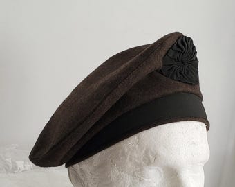 Dark Brown Caubeen Hat: Irish Wool Beret with Rosette