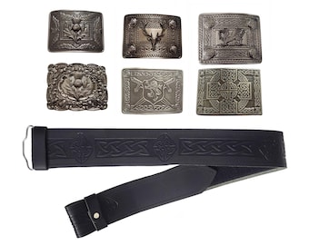 Cinto de couro para kilt: relevo celta, fivela de cardo antigo, veado, harpa irlandesa, nó celta - intercambiável