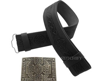 Celtic Embossed Leather Kilt Belt | Highland Dress Belt For Scottish Kilts | Traditional Buckle