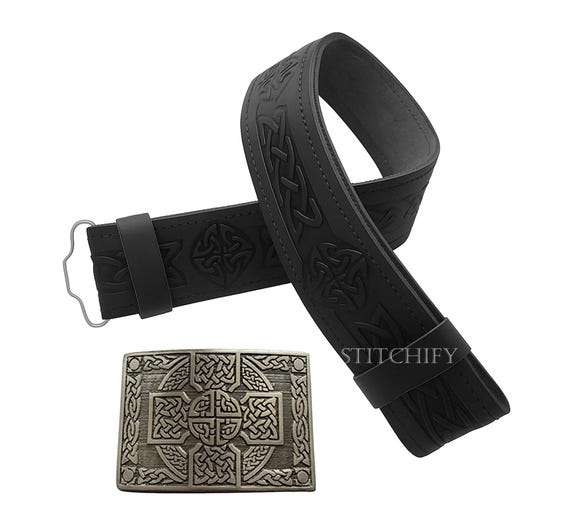 Celtic Embossed Leather Kilt Belt | Highland Dress Belt For Scottish Kilts | Traditional Buckle