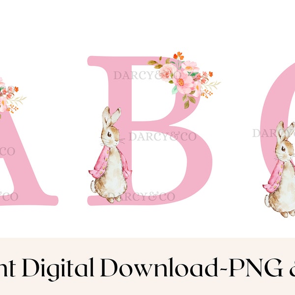 Peter Rabbit Alphabet Letters Blue Pink PNG Instant Download Sublimation