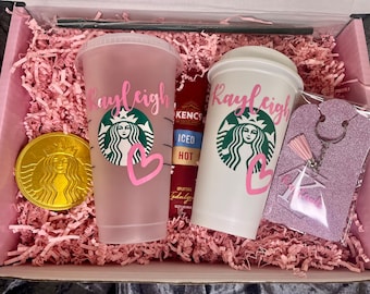 Personalised Pink Gift Set | Starbucks Cold & Hot Cup Bundle |  Teacher Gift | Starbucks Reusable Cups | Personalised Key Ring