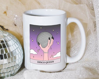 Taza de cerámica de 11 y 15 oz con la carta del tarot Disco Queen / Regalos para bailarinas / Dancing Queen