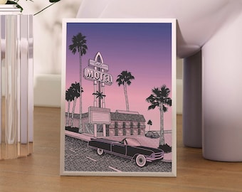 Synthwave City Motel Art Print  |  Vaporwave Drawing Poster  |  Retrowave Room Decor