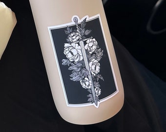 Sword and Flowers Sticker: Black and White Tattoo Art Decal