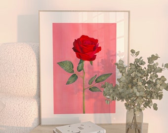 Red Rose Painting Art Print: Simple Pink Floral Wall Decor
