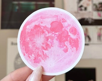 Pink Moon Sticker: Gouache Painting, Waterproof Decal