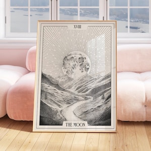 Stampa artistica della carta dei tarocchi della luna / Poster degli Arcani maggiori della luna XVIII / Arte murale spirituale e dei tarocchi / Regali per lettori di tarocchi / Diverse dimensioni