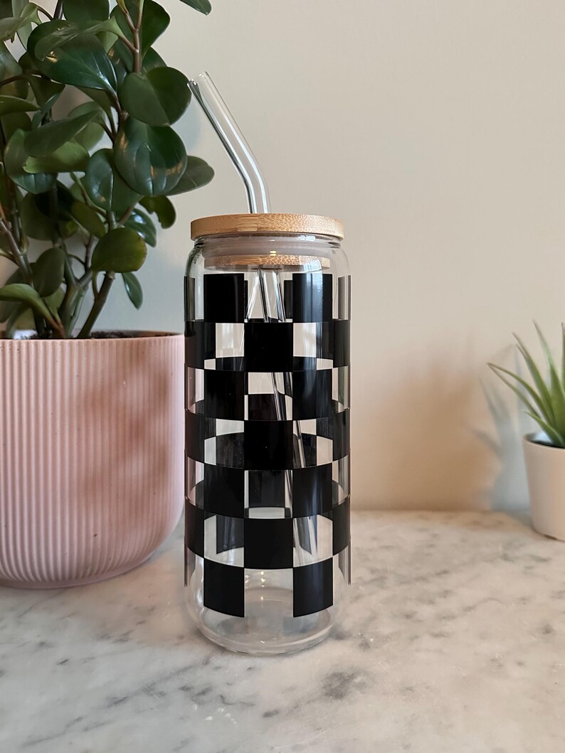 Checkerboard Glass Tumbler With Bamboo Lid & Straw - Etsy