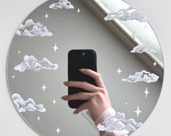 Hand Painted Clouds and Stars Mirror | 8" Circle Vanity Mirror