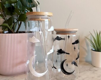 Moon and Clouds Glass Tumbler with Bamboo Lid and Straw