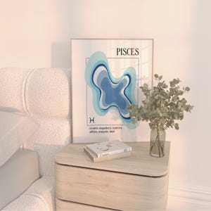 May include: A framed art print featuring the word "PISCES" and a blue abstract design. Below the design is the Pisces symbol and the words "creative, empathetic, intuitive, selfless, romantic, kind." A vase of greenery and two books sit on a wooden nightstand.