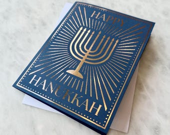 Juego de tarjetas de felicitación de Hanukkah doradas hechas a mano: azul marino y detalles dorados