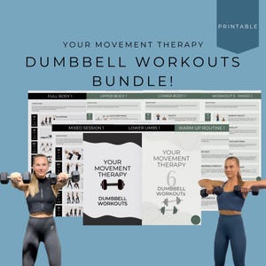 May include: Printable dumbbell workout routine bundle with six different workouts: full body, upper body, lower body, mixed session, lower limbs, and warm-up routine. The bundle includes images of people performing exercises with dumbbells.