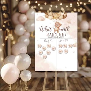 May include: A gender reveal sign on an easel with the text "What will BABY BE?" and "CAST YOUR VOTE!" A teddy bear graphic is above the text. Pink and white balloons are in the background.