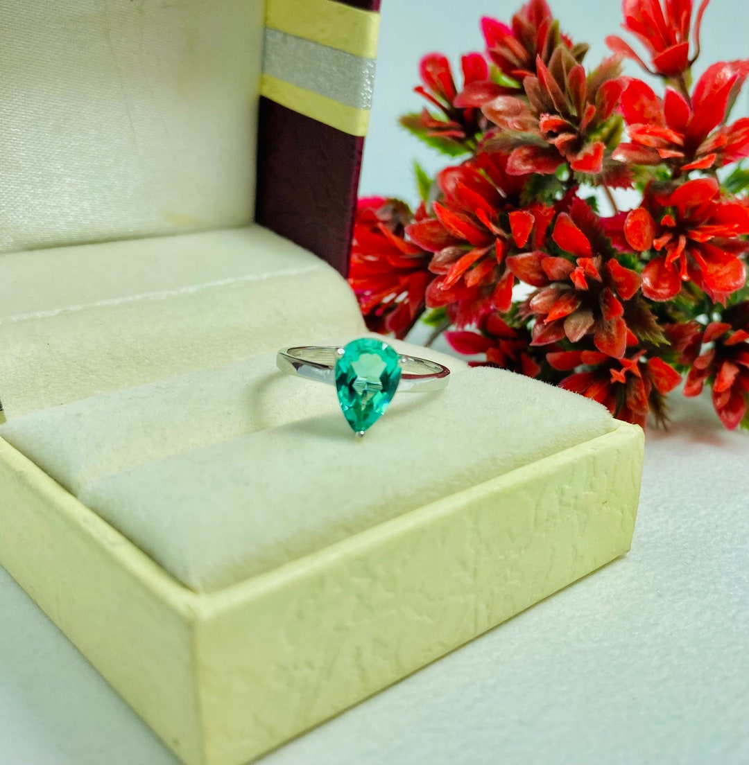 Lab Created Green Sapphire Ring Pear Cut Green Sapphire Ring Etsy