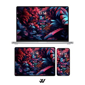 Puede incluir: Un portátil, una tableta y un teléfono inteligente muestran la misma imagen. La imagen es un fondo oscuro con hojas tropicales coloridas y el texto "Sé el cambio que quieres ver".