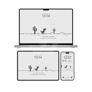 Puede incluir: Un ordenador portátil, una tableta y un smartphone muestran el mismo gráfico en blanco y negro. El gráfico presenta un dinosaurio pixelado corriendo por un desierto con cactus. Se muestra el texto "YOU ARE OFFLINE".