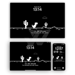 Puede incluir: Una ilustración en blanco y negro de un dinosaurio corriendo a través de un paisaje desértico con dos cactus y una nube. El texto "YOU ARE OFFLINE" y "Try: Interacting with other humans" se muestra debajo del dinosaurio. La hora se muestra como "13:14" sobre un fondo negro.
