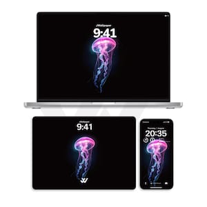 May include: A digital clock face with a jellyfish design. The clock face is black with a pink and blue jellyfish in the center. The time is 9:41. The clock face is displayed on a laptop, tablet, and smartphone.