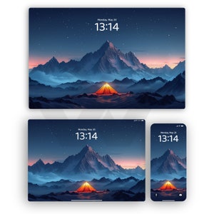 Könnte beinhalten: Eine digitale Illustration einer Bergkette mit einem leuchtend orangefarbenen Zelt im Vordergrund. Der Himmel ist dunkelblau mit weißen Sternen und die Uhrzeit ist 13:14. Der Text "Montag, 20. Mai" wird über der Uhrzeit angezeigt.