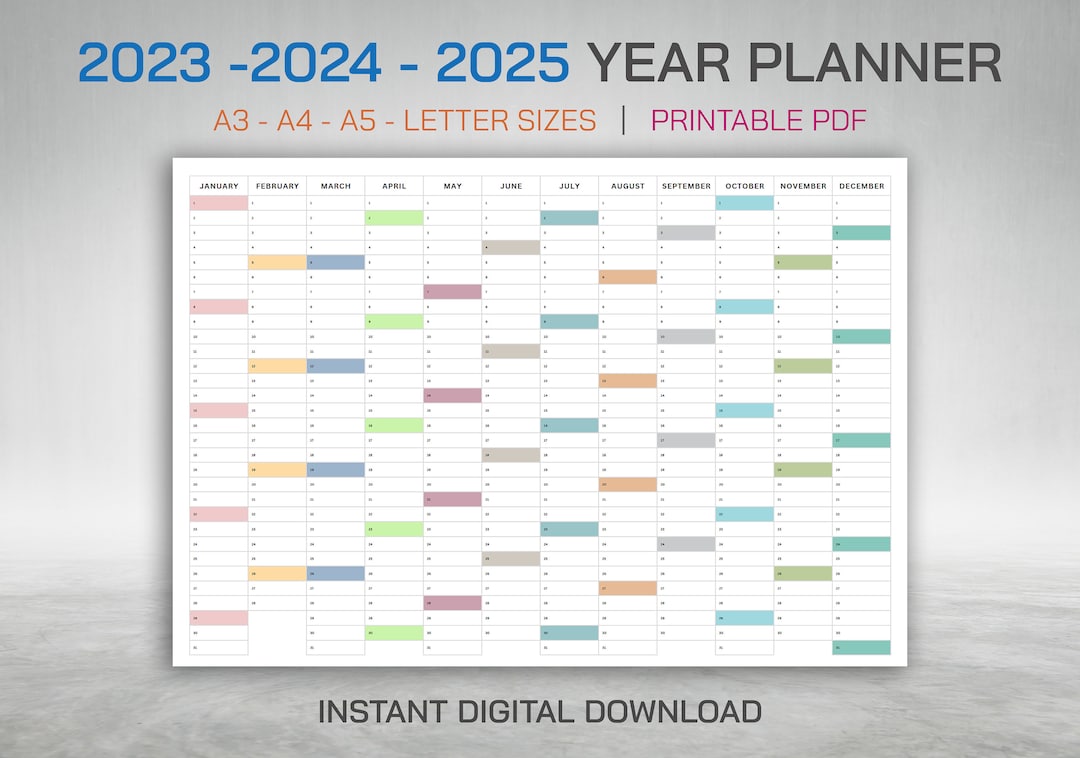 202320242025 Year Planner, Printable PDF, Horizontal Planner Calendar, Year Planner, A3 ,A4