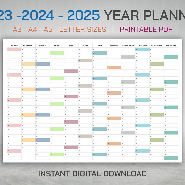 2023-2024-2025 Year Planner, Printable PDF, Horizontal Planner Calendar, Year Planner, A3 ,A4, A5, Letter Size Yearly Planner on 1 Page