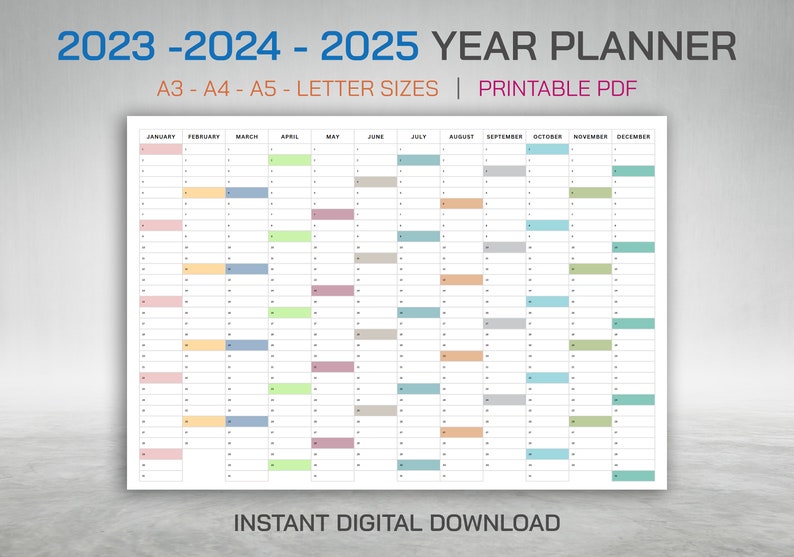 202320242025 Year Planner, Printable PDF, Horizontal Planner Calendar, Year Planner, A3 ,A4