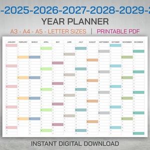 2024-2025-2026-2027-2028-2029-2030 Year Planner, Printable PDF, Horizontal Planner Calendar, A3,A4,A5, Letter Size Yearly Planner on 1 Page
