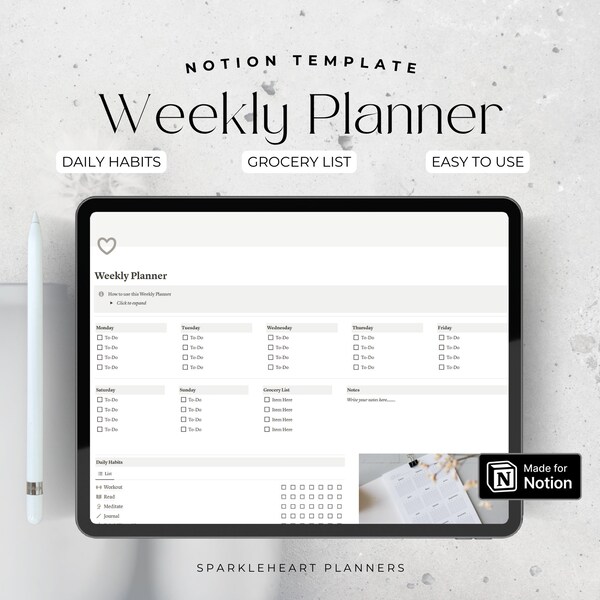 Notion Weekly Planner Template, Simple Weekly Tasks Template, To Do List, Daily Habit Tracker, Grocery List, Weekly Notes, Notion Aesthetic