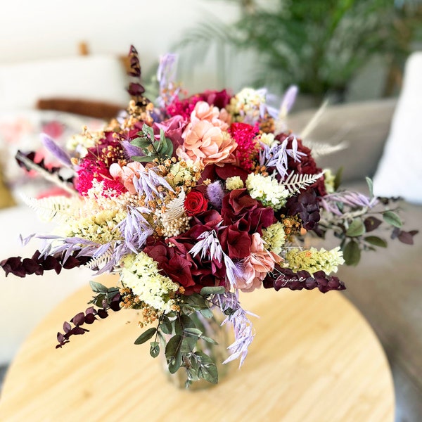 Bouquet de fleurs éternelles champêtre pastel vitaminé avec rose et hortensias éternels, idée cadeau naturelle, poétique et écoresponsable