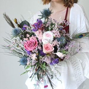 BOHEME カントリーフラワーの花束、永遠の花のプリザーブド、オリジナルギフト、エコ、カントリーブライダルブーケ、女性への贈り物
