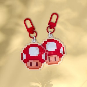 Mario Roter Pilz Schlüsselanhänger | Gamer-Schlüsselanhänger, Super Mario-Schlüsselanhänger, Nintendo-Schlüsselanhänger, personalisierter Schlüsselbund, Retro-Gamer, Pixel-Art, Videospiel