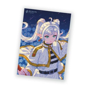 Stampa di Frieren | Fanart anime, illustrazione di elfo, disegno fantasy, ragazza elegante, fiori blu, stella cadente, cielo notturno, mago
