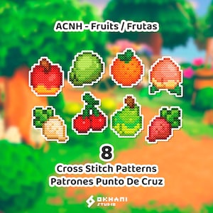 Puede incluir: Ocho patrones de punto de cruz de frutas, incluyendo una manzana, aguacate, naranja, melocotón, nabo, cerezas, pera y remolacha. La imagen incluye el texto "ACNH - Fruits / Frutas" y "Cross Stitch Patterns Patrones Punto De Cruz."