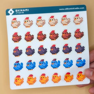 Stardew Valley Chicken Sticker Sheet | Kawaii Farm Animal Stickers | Cozy Gamer Journal Decor | Pixel Art Planner Gift | Cute Hen Pack