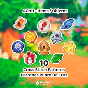 Puede incluir: Diez patrones de punto de cruz con diseños pixelados, incluyendo una tarjeta, una moneda, una calavera y una caja de regalo. El texto "ACNH - Items / Objetos" y "Cross Stitch Patterns" es visible. Fondo borroso.