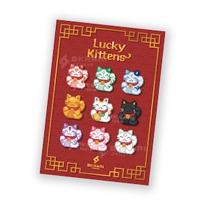 Print Gatos de la Suerte | Ilustración de Animales, Póster de Mascotas, Gato Japonés de la Suerte, Gatito Kawaii, Estilo Retro y Oriental