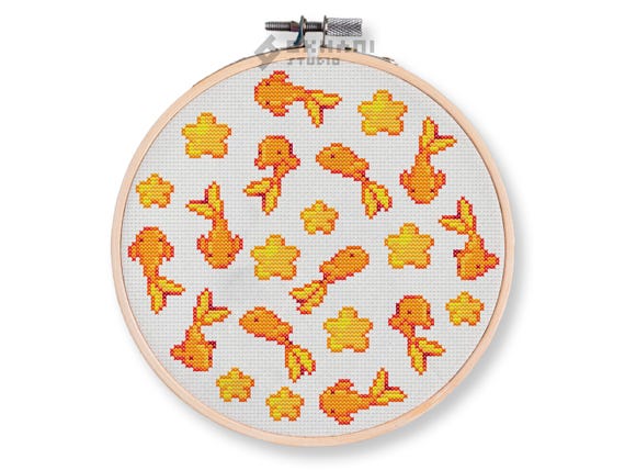 Golden Fish Cross Stitch Pattern PDF | Easy, Whimsical Embroidery Design with Stars, Gold, Cute & Elegant Needlework Download, Easy Craft