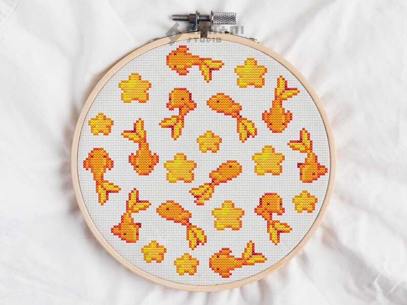 Goldener Fisch Kreuzstichmuster PDF | Einfaches, skurriles Stickdesign mit Sternen, Gold, süßer und eleganter Handarbeits-Download, einfaches Basteln Bild 2