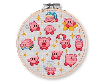 Kirby-Kreuzstichmuster | Niedliches rosa Stern-Stickmuster, Kawaii-Traumland (digitale PDF-Datei), Videospiel-inspirierte Stickvorlage, Gemütlich