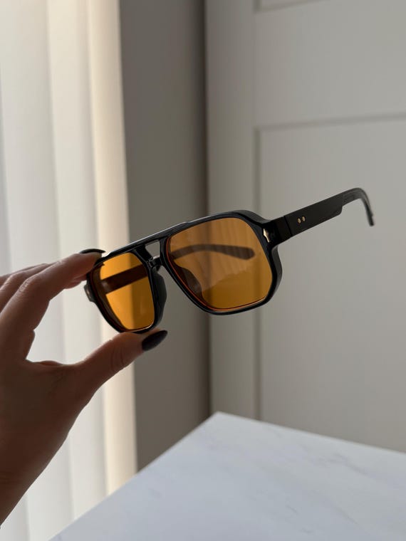 Orange Tinted Square Aviator Black Frame Sunglasses - Etsy display picture 2