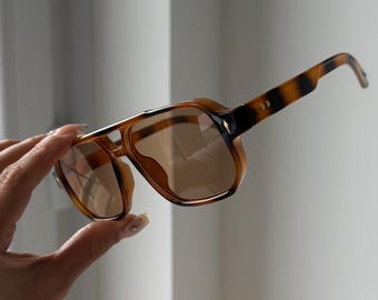 Tan Tinted Square Aviator Black Frame Sunglasses - Etsy display picture 1