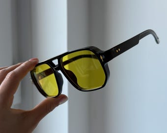 Yellow tinted Square Aviator Black Frame Sunglasses