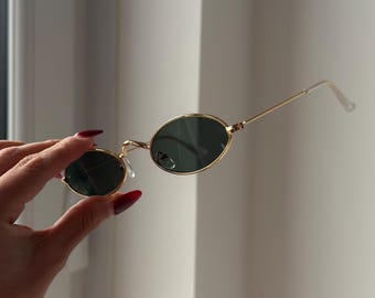 ?Anthropologie Gold Metal Oval Sunglasses with Dark Green Lenses Oval Glasses & Sunglasses | Anthropologie main image 3