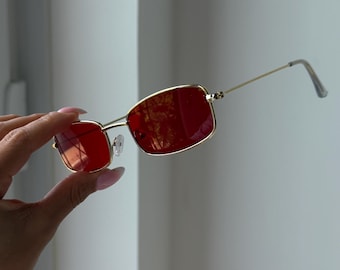 Red Tint lenses rectangle Golden Wire Frame Sunglasses
